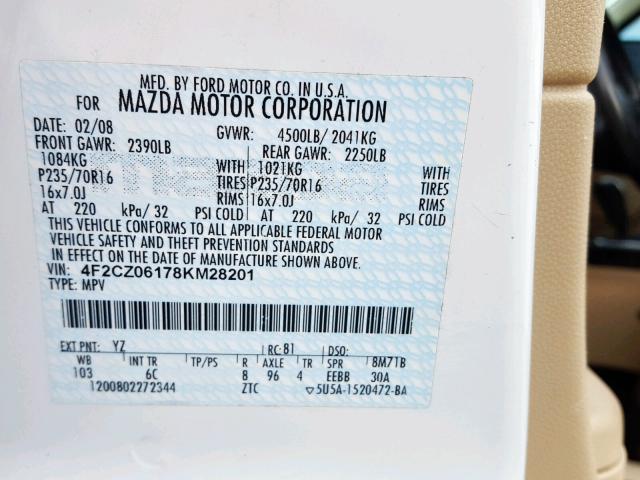 4F2CZ06178KM28201 - 2008 MAZDA TRIBUTE S WHITE photo 10