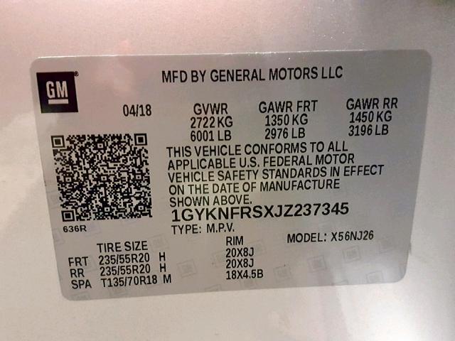 1GYKNFRSXJZ237345 - 2018 CADILLAC XT5 PREMIU SILVER photo 10