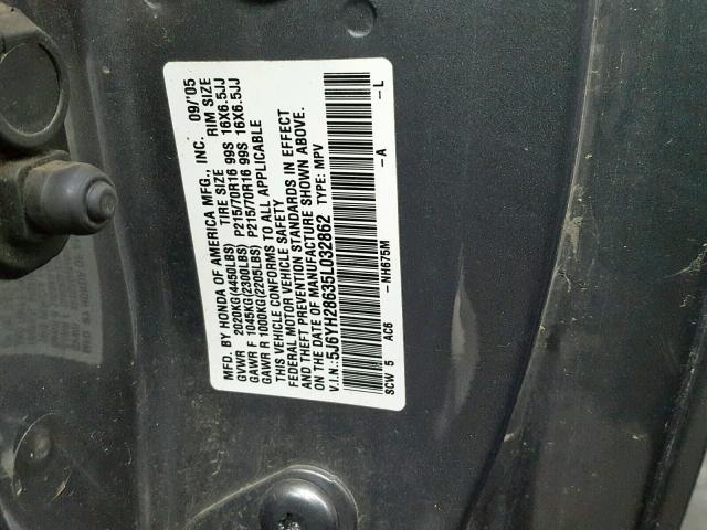 5J6YH28635L032862 - 2005 HONDA ELEMENT EX GRAY photo 10