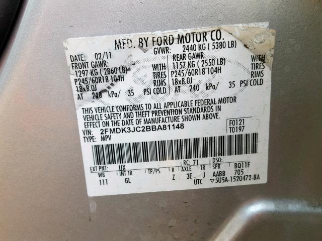 2FMDK3JC2BBA81148 - 2011 FORD EDGE SEL SILVER photo 10