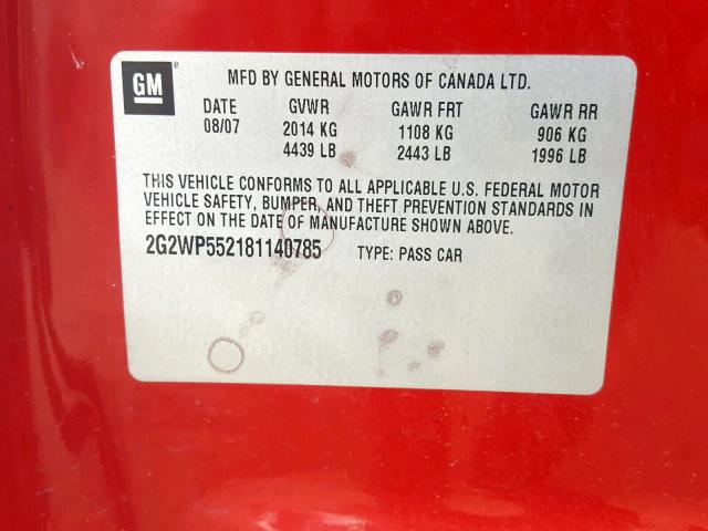 2G2WP552181140785 - 2008 PONTIAC GRAND PRIX წითელი ფოტო 10