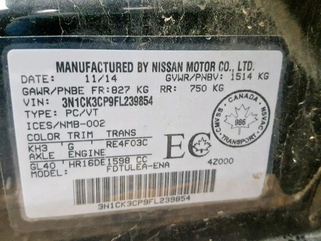 3N1CK3CP9FL239854 - 2015 NISSAN MICRA BLACK photo 10