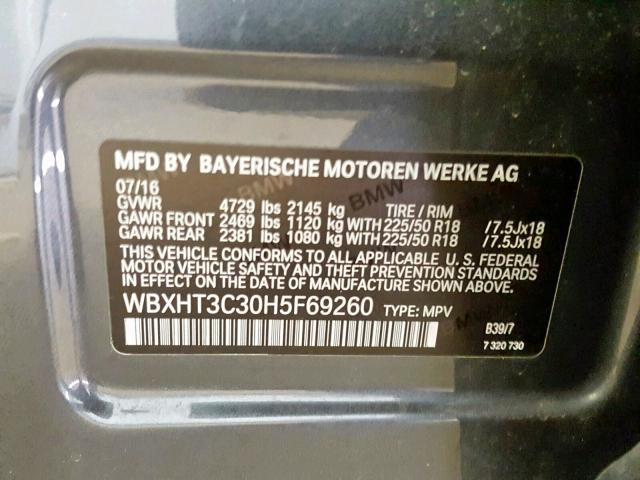 WBXHT3C30H5F69260 - 2017 BMW X1 XDRIVE2 GRAY photo 10