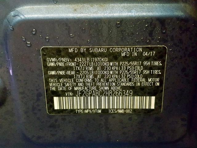 JF2GPABC2H8266349 - 2017 SUBARU CROSSTREK ლურჯი ფოტო 10