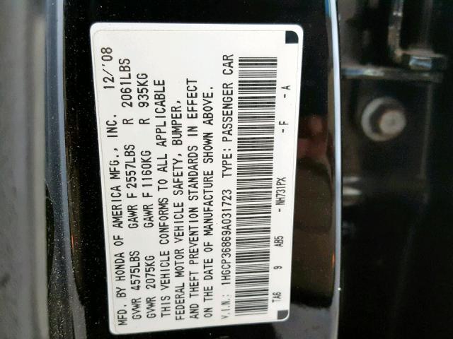 1HGCP36869A031723 - 2009 HONDA ACCORD EXL BLACK photo 10