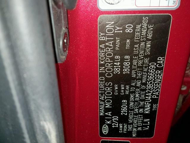 KNAFU4A23B5366690 - 2011 KIA FORTE EX RED photo 10