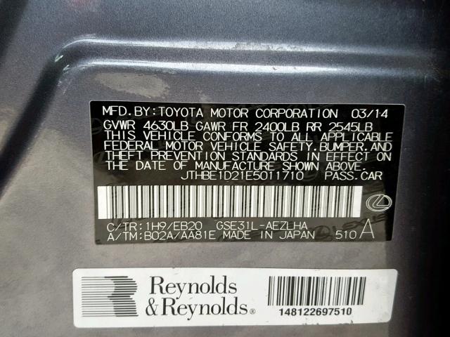 JTHBE1D21E5011710 - 2014 LEXUS IS 350 GRAY photo 10