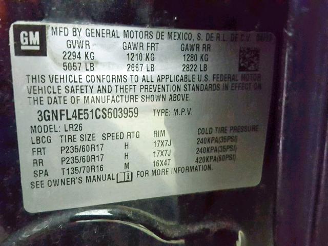 3GNFL4E51CS603959 - 2012 CHEVROLET CAPTIVA SP BLACK photo 10