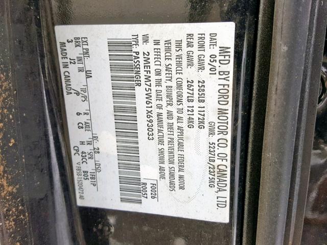 2MEFM75W61X693033 - 2001 MERCURY GRAND MARQ BLACK photo 10