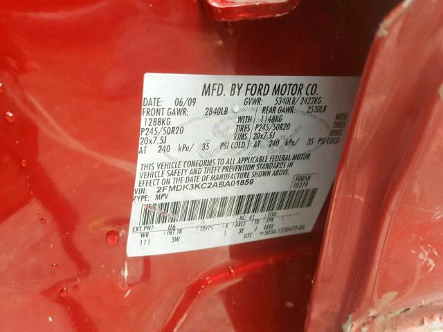 2FMDK3KC2ABA01859 - 2010 FORD EDGE LIMIT RED photo 10
