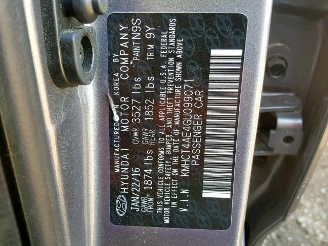 KMHCT4AE4GU099071 - 2016 HYUNDAI ACCENT SE GRAY photo 10