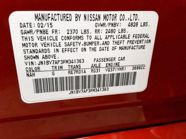 JN1BV7AP3FM341363 - 2015 INFINITI Q50 BASE RED photo 10