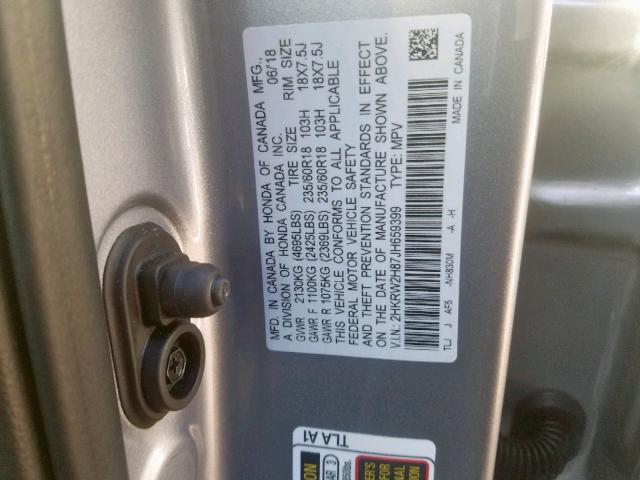 2HKRW2H87JH659399 - 2018 HONDA CR-V EXL SILVER photo 10