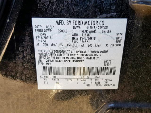 2FMDK48C27BB56997 - 2007 FORD EDGE SEL BLACK photo 10