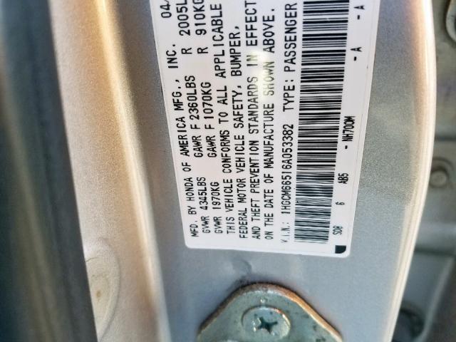 1HGCM66516A053382 - 2006 HONDA ACCORD EX SILVER photo 10