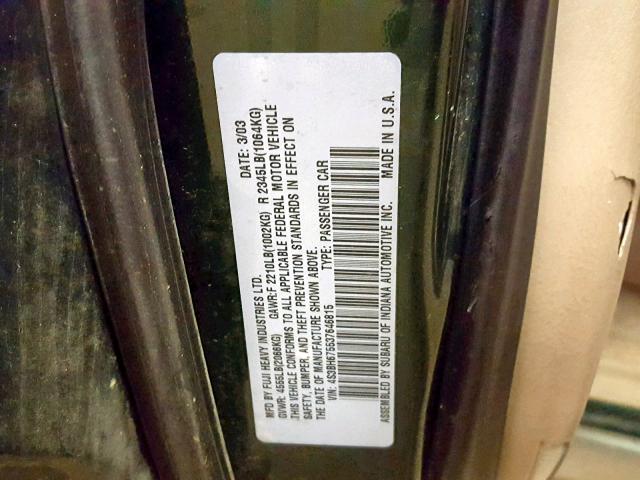 4S3BH675537646815 - 2003 SUBARU LEGACY OUT GREEN photo 10