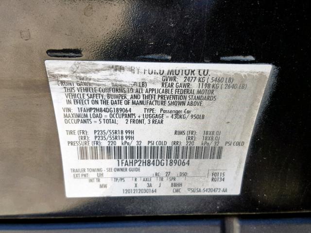 1FAHP2H84DG189064 - 2013 FORD TAURUS SEL CHARCOAL photo 10