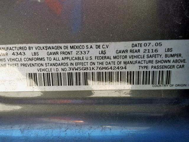 3VWSG81K76M642494 - 2006 VOLKSWAGEN JETTA 2.5 GRAY photo 10