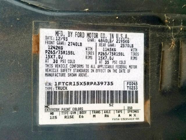 1FTCR15X5RPA39735 - 1994 FORD RANGER SUP GRAY photo 10