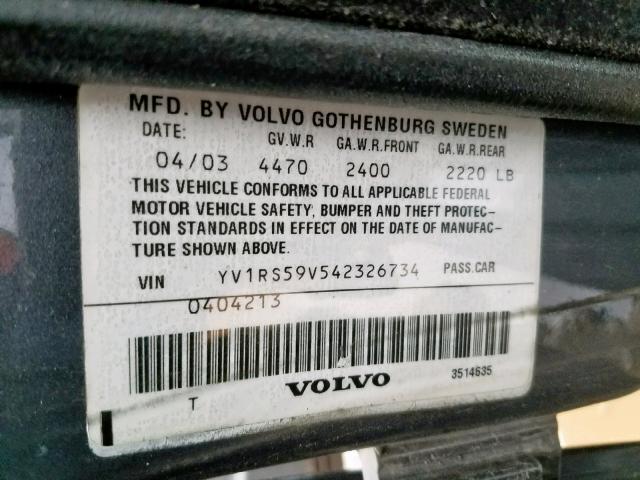 YV1RS59V542326734 - 2004 VOLVO S60 2.5T GRAY photo 10