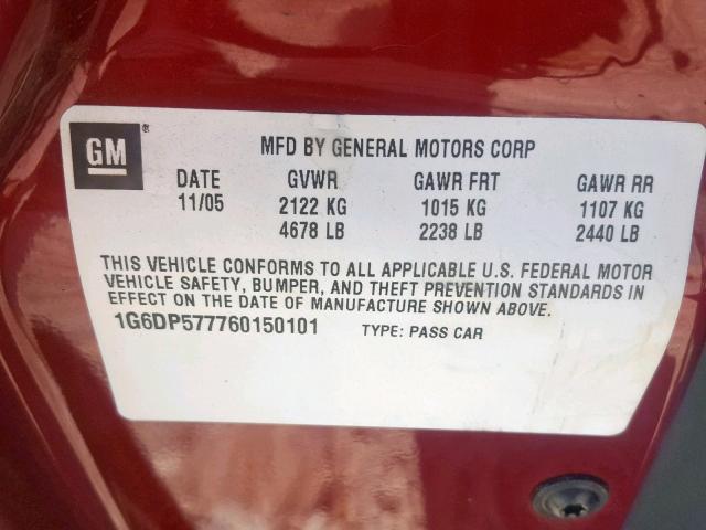 1G6DP577760150101 - 2006 CADILLAC CTS HI FEA RED photo 10