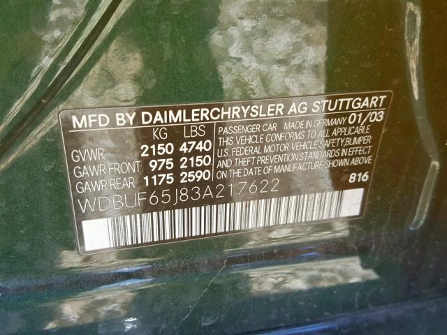 WDBUF65J83A217622 - 2003 MERCEDES-BENZ E 320 GREEN photo 10