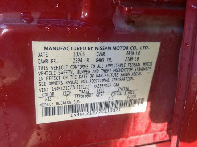 1N4BL21E77C119121 - 2007 NISSAN ALTIMA 3.5 BURGUNDY photo 10