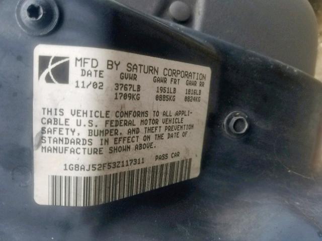 1G8AJ52F53Z117311 - 2003 SATURN ION LEVEL WHITE photo 10