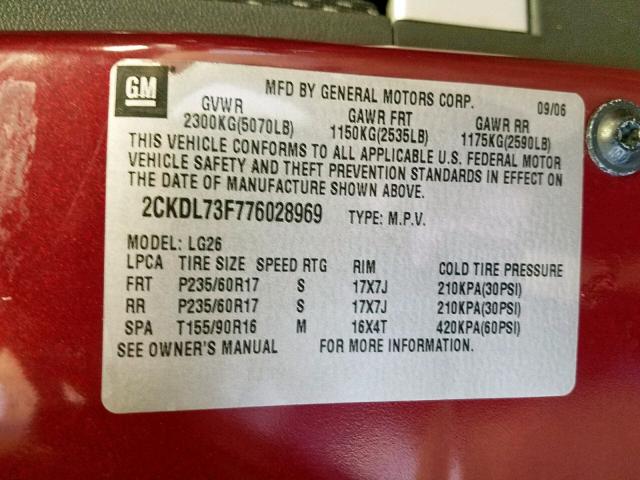 2CKDL73F776028969 - 2007 PONTIAC TORRENT BURGUNDY photo 10