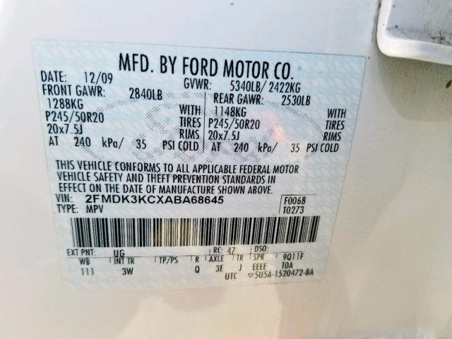 2FMDK3KCXABA68645 - 2010 FORD EDGE LIMIT WHITE photo 10