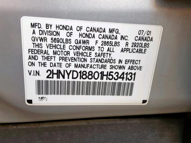 2HNYD18801H534131 - 2001 ACURA MDX TOURIN SILVER photo 10