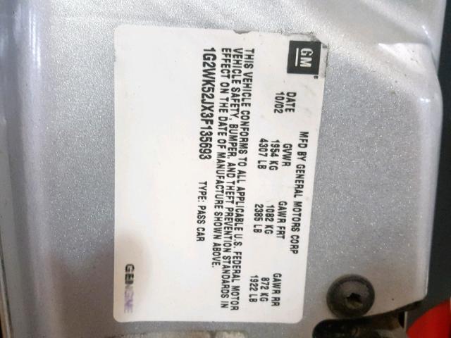 1G2WK52JX3F135693 - 2003 PONTIAC GRAND PRIX GRAY photo 10