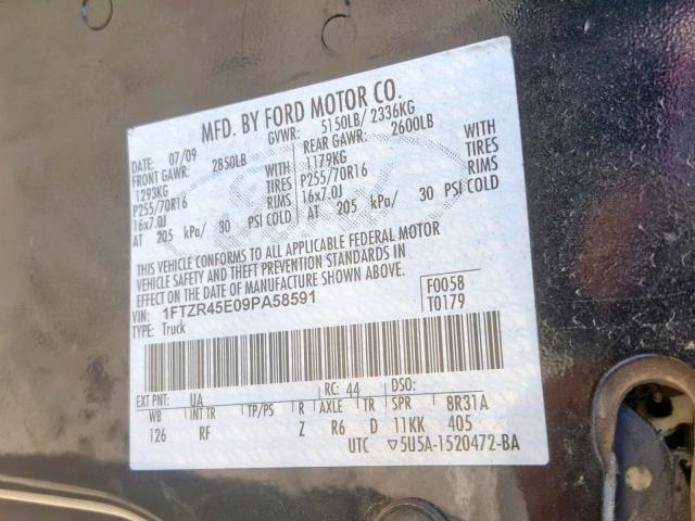 1FTZR45E09PA58591 - 2009 FORD RANGER SUP BLACK photo 10