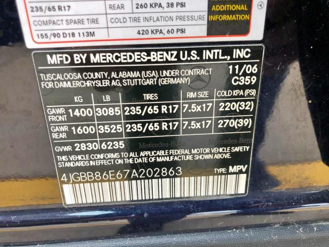 4JGBB86E67A202863 - 2007 MERCEDES-BENZ ML 350 BLUE photo 9