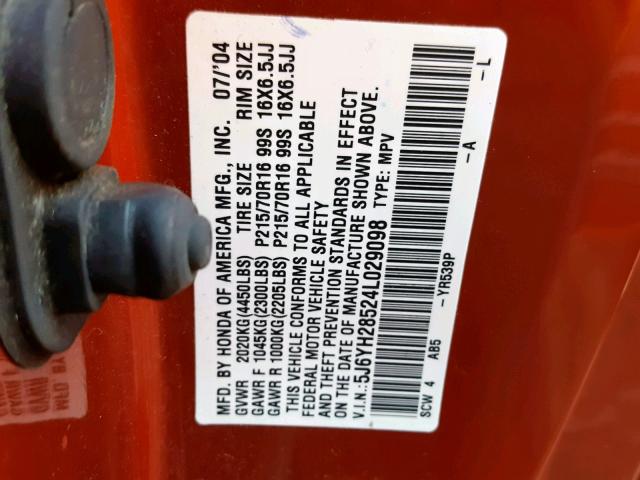 5J6YH28524L029098 - 2004 HONDA ELEMENT EX ORANGE photo 10