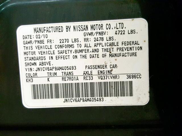 JN1CV6AP9AM405493 - 2010 INFINITI G37 BASE BLACK photo 10