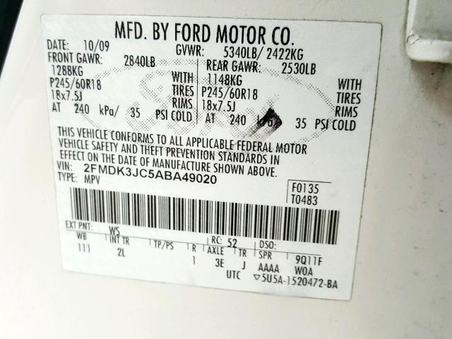 2FMDK3JC5ABA49020 - 2010 FORD EDGE SEL WHITE photo 10