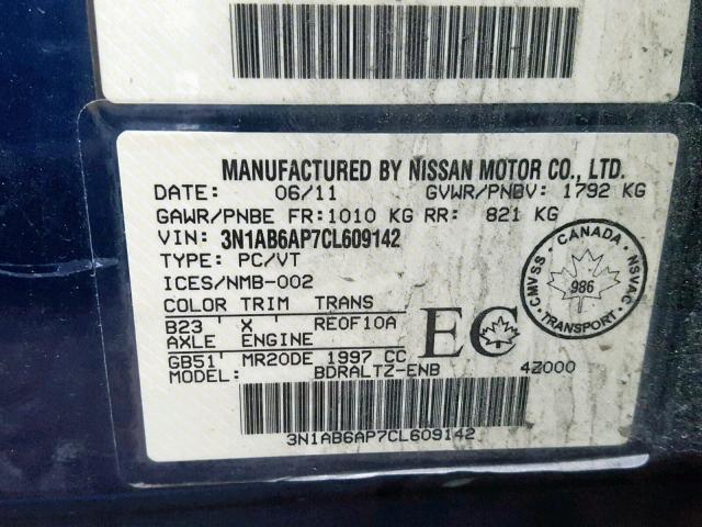 3N1AB6AP7CL609142 - 2012 NISSAN SENTRA 2.0 BLUE photo 10