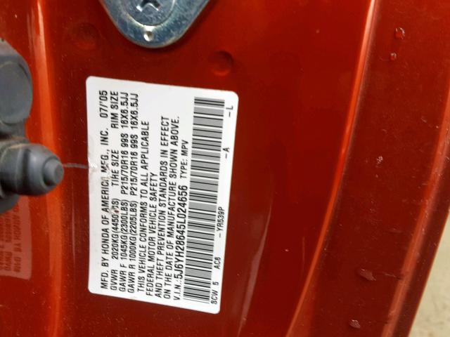 5J6YH28645L024656 - 2005 HONDA ELEMENT EX ORANGE photo 10