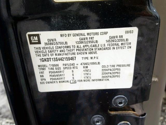 1GKDT13S442159467 - 2004 GMC ENVOY BLACK photo 10