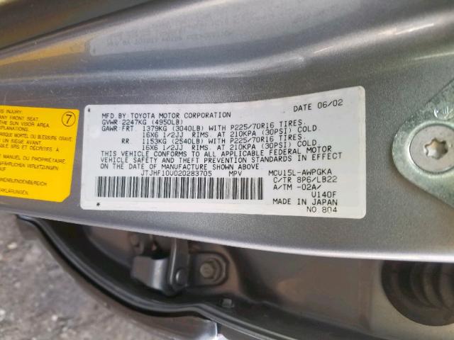 JTJHF10U020283705 - 2002 LEXUS RX 300 SILVER photo 10