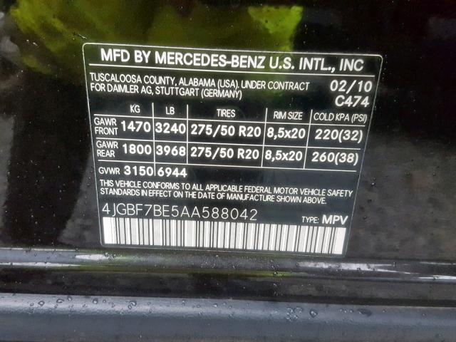 4JGBF7BE5AA588042 - 2010 MERCEDES-BENZ GL 450 4MA BLACK photo 10