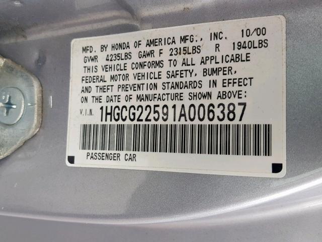 1HGCG22591A006387 - 2001 HONDA ACCORD EX SILVER photo 10