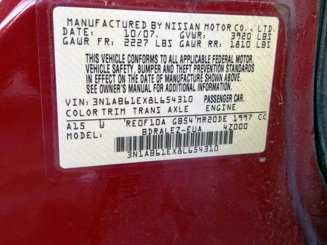 3N1AB61EX8L654310 - 2008 NISSAN SENTRA 2.0 RED photo 10