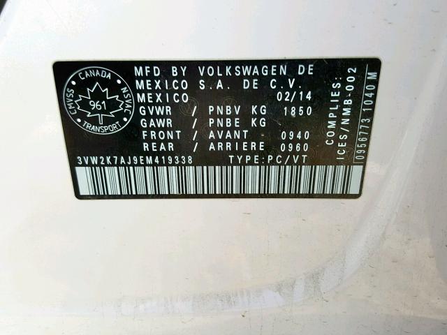 3VW2K7AJ9EM419338 - 2014 VOLKSWAGEN JETTA BASE 白色 照片 10