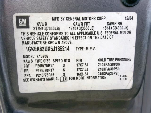 1GKEK63UX5J185214 - 2005 GMC YUKON DENA SILVER photo 10