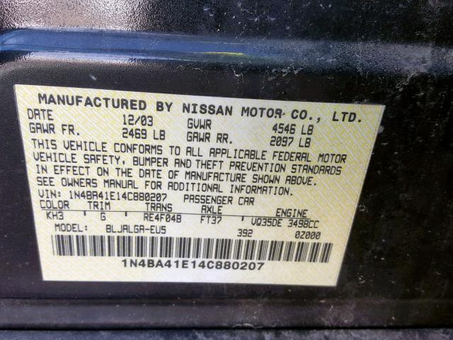 1N4BA41E14C880207 - 2004 NISSAN MAXIMA SE BLACK photo 10