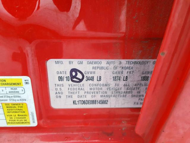 KL1TD6DE0BB145662 - 2011 CHEVROLET AVEO LS RED photo 10