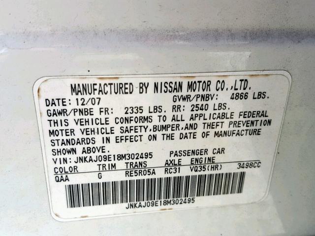 JNKAJ09E18M302495 - 2008 INFINITI EX35 BASE WHITE photo 10