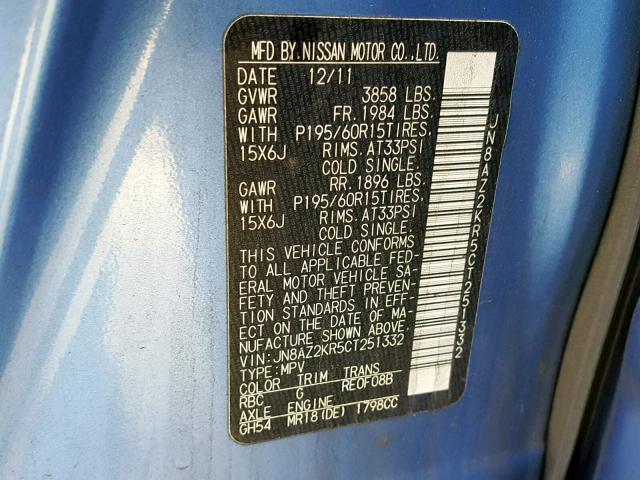 JN8AZ2KR5CT251332 - 2012 NISSAN CUBE BASE BLUE photo 10